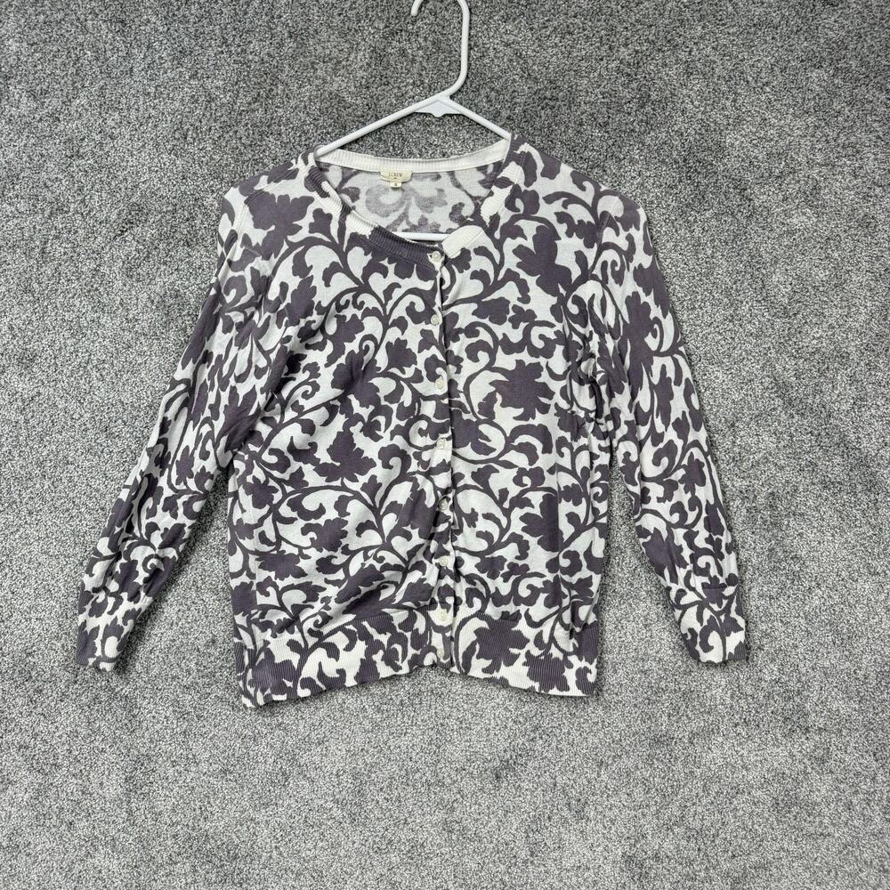 J.Crew Cardigan Sweater Womens S White Purple Floral Damask Knit Spring Preppy
